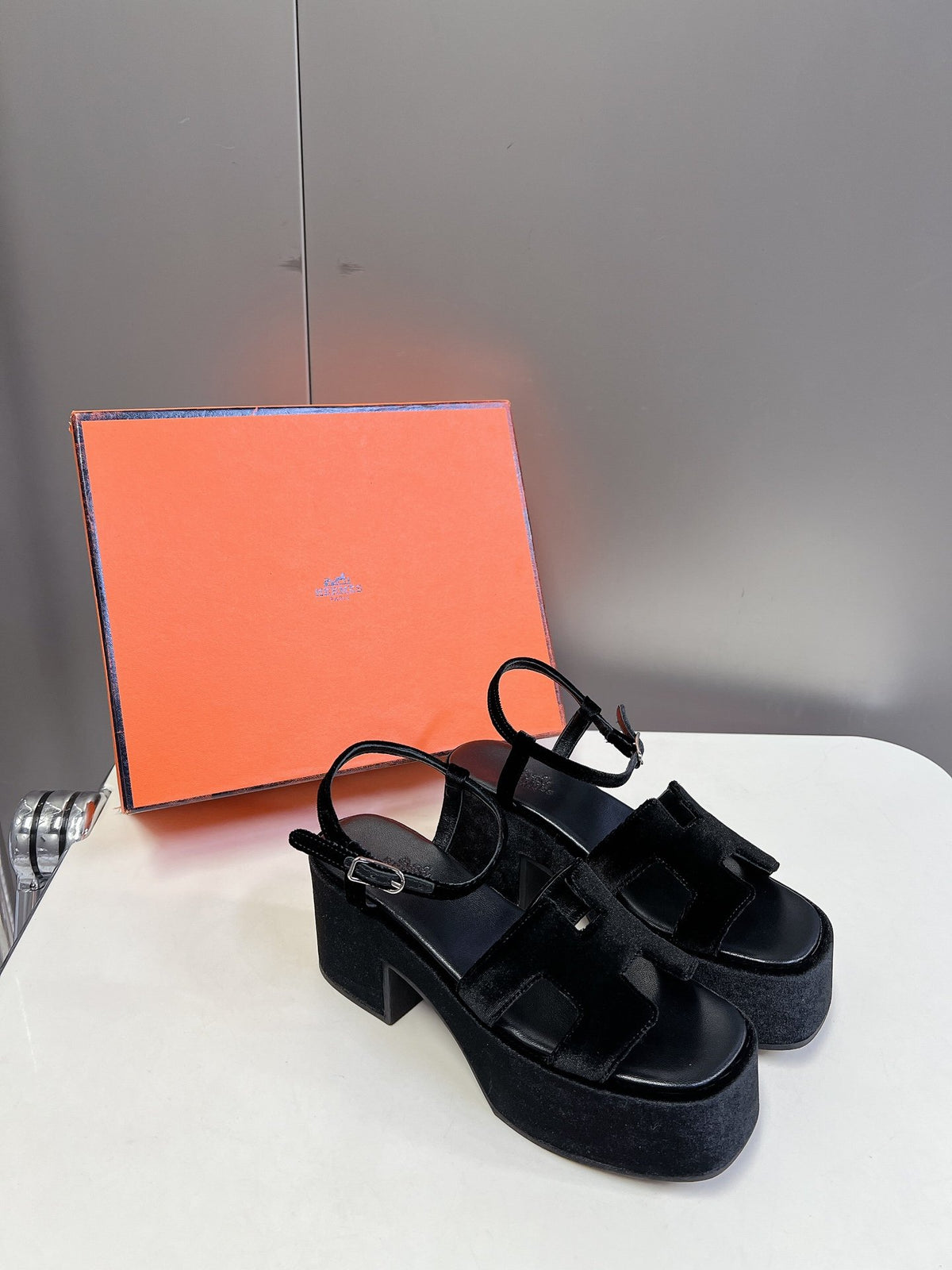 Hermes Women Black Suede Leather Sandals