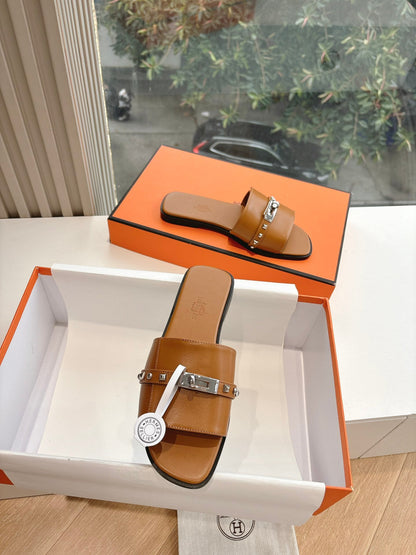 Hermes Women Brown Leather Slide Sandals