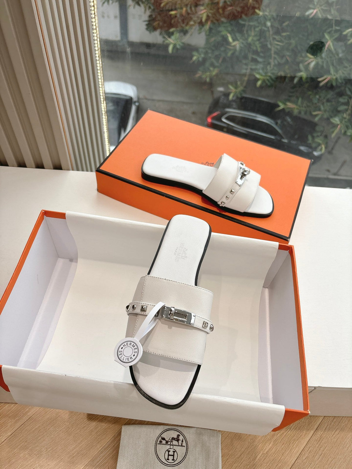 Hermes Women White Leather Slide Sandals
