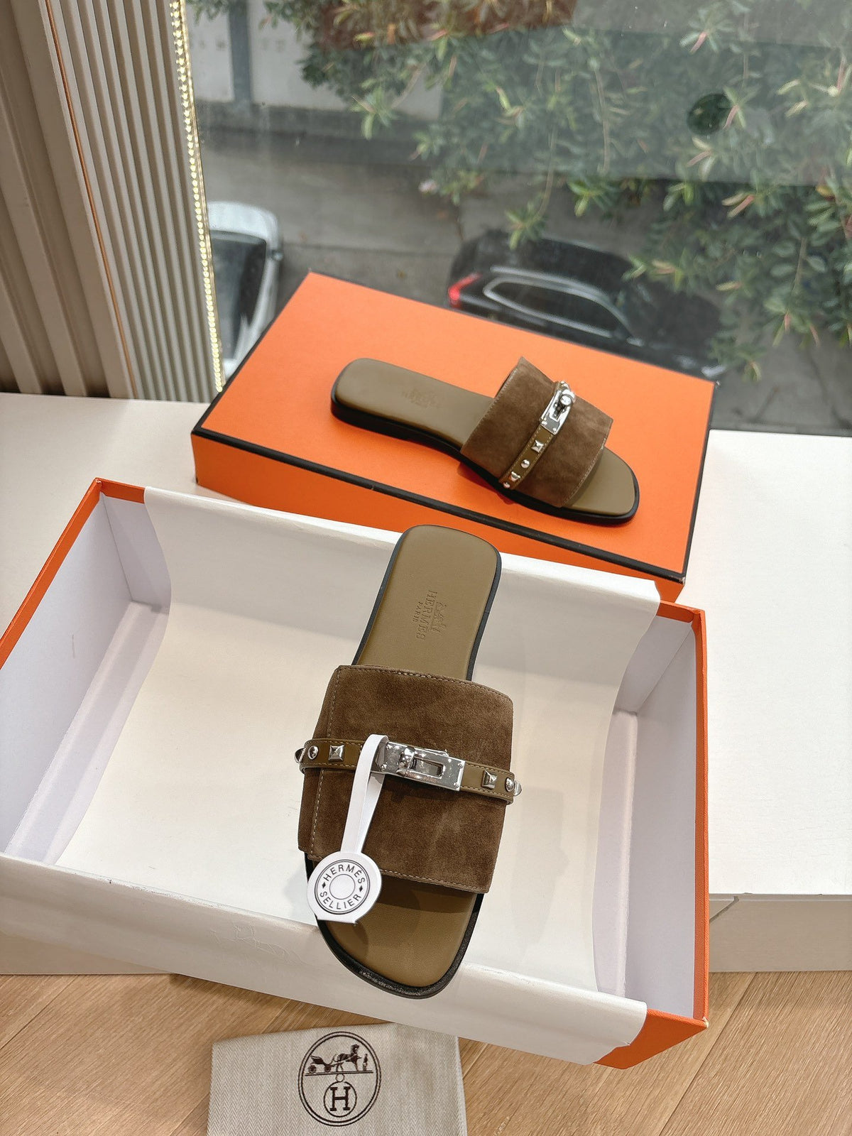 Hermes Women Brown Suede Slide Sandals