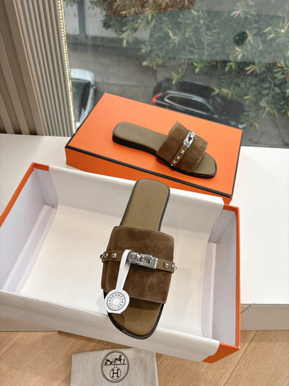 Hermes Women Brown Suede Slide Sandals