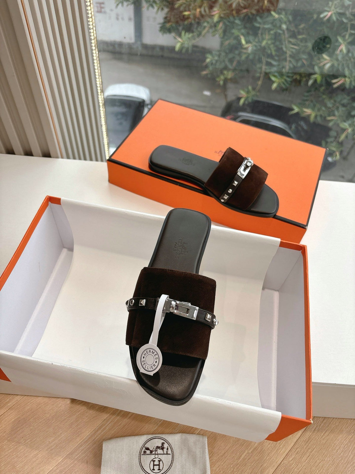 Hermes Women Dark Brown Suede Leather Strap Mules