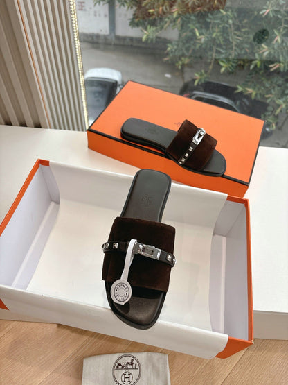 Hermes Women Dark Brown Suede Leather Strap Mules