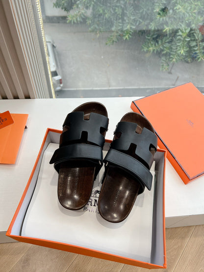 Hermes Women Black Leather Strap Sandals