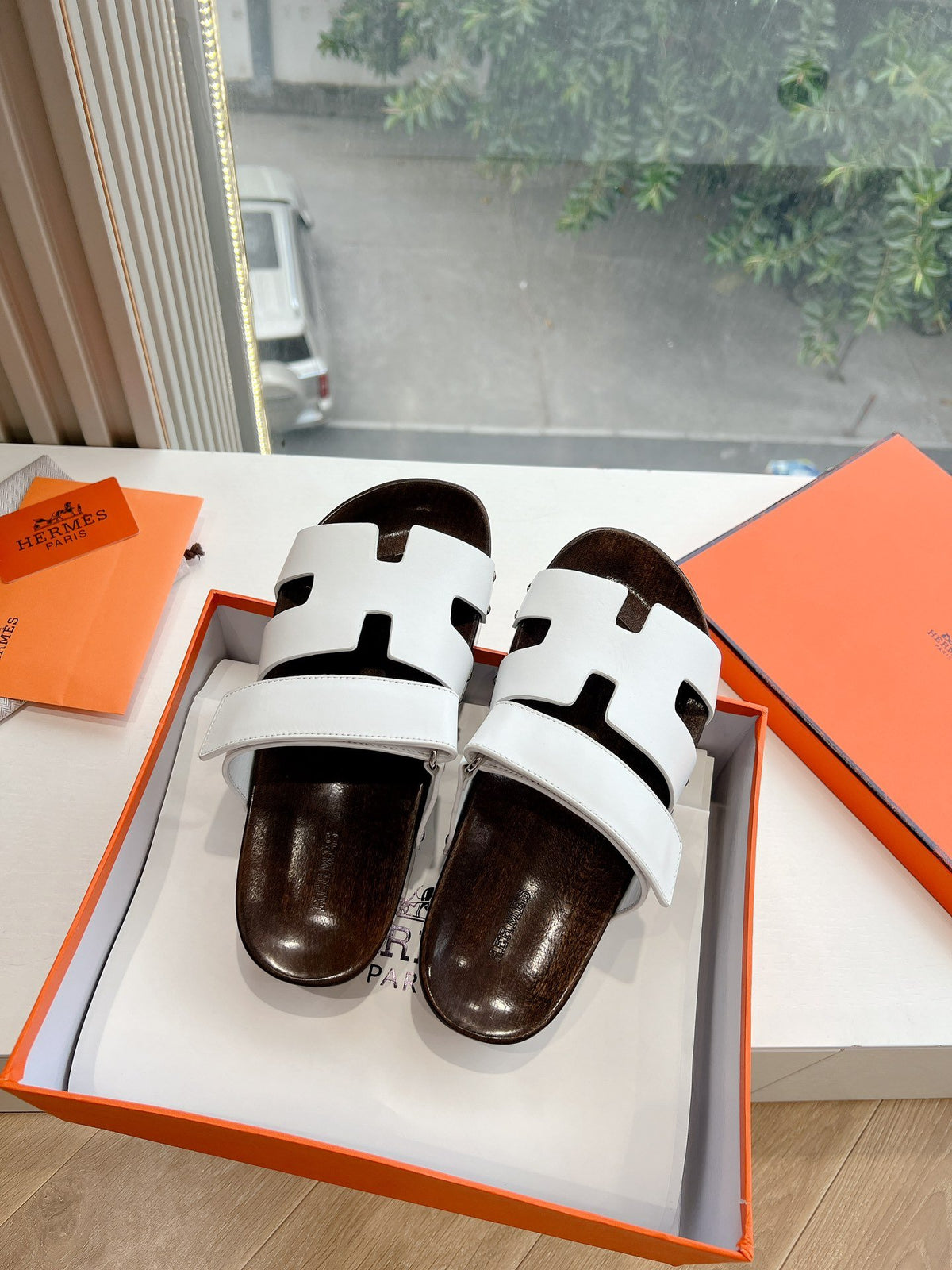 Hermes Women White Leather Wood Insole Sandals
