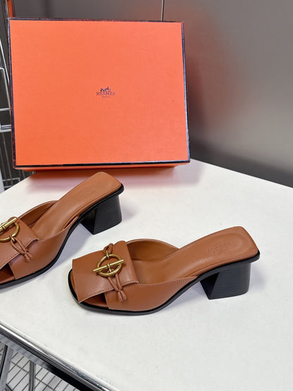 Hermes Women Brown Leather Heels
