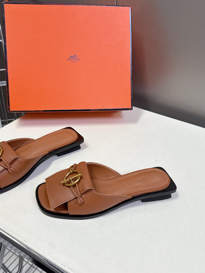Hermes Women Brown Leather Flat Mules