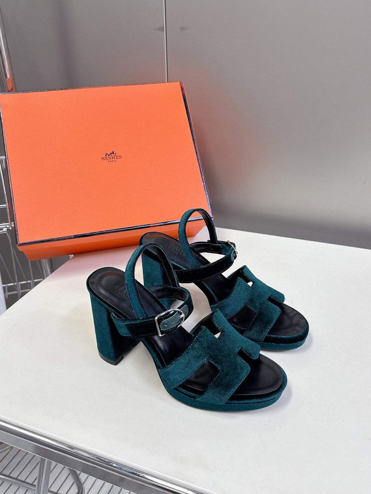 Hermes Women Dark Green Suede Sandals