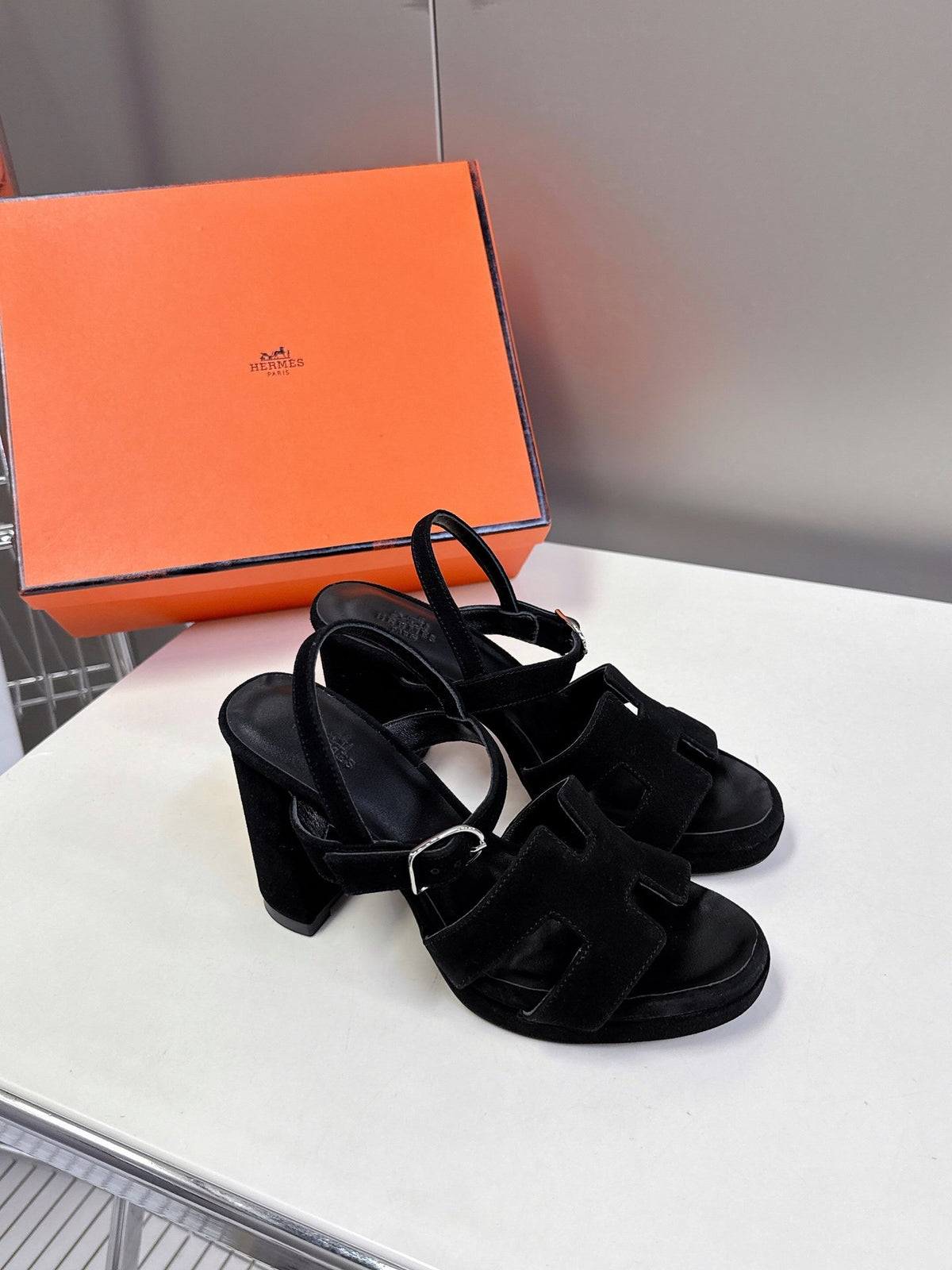 Hermes Women Black Suede Sandals