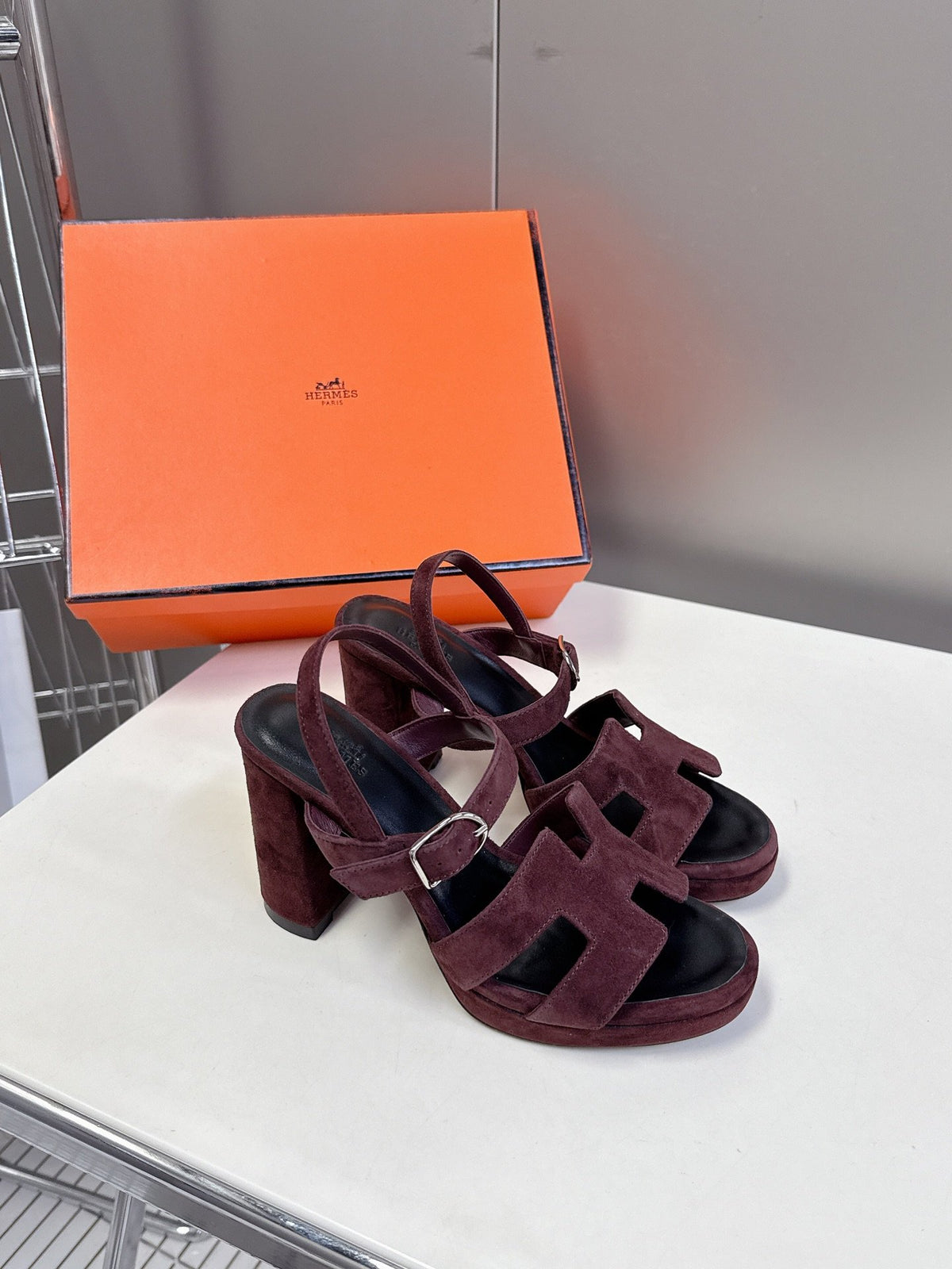 Hermes Women Burgundy Suede Heels