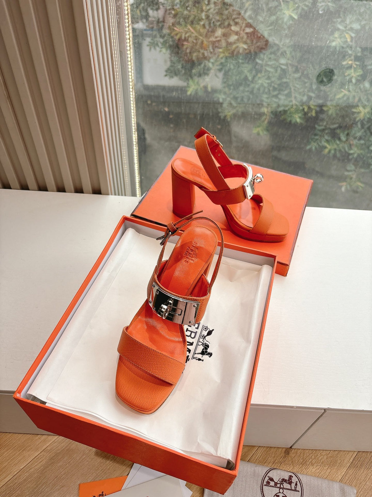 Hermes Women Orange Leather Sandals