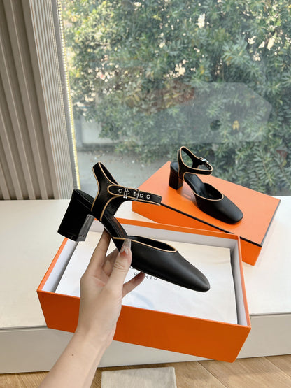 Hermes Women Black Leather Trimmed Heels