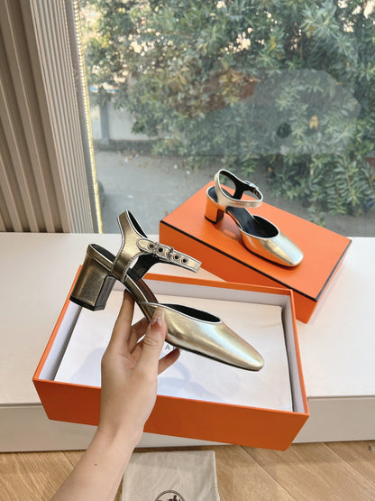 Hermes Women Silver Leather Square Toe Heels