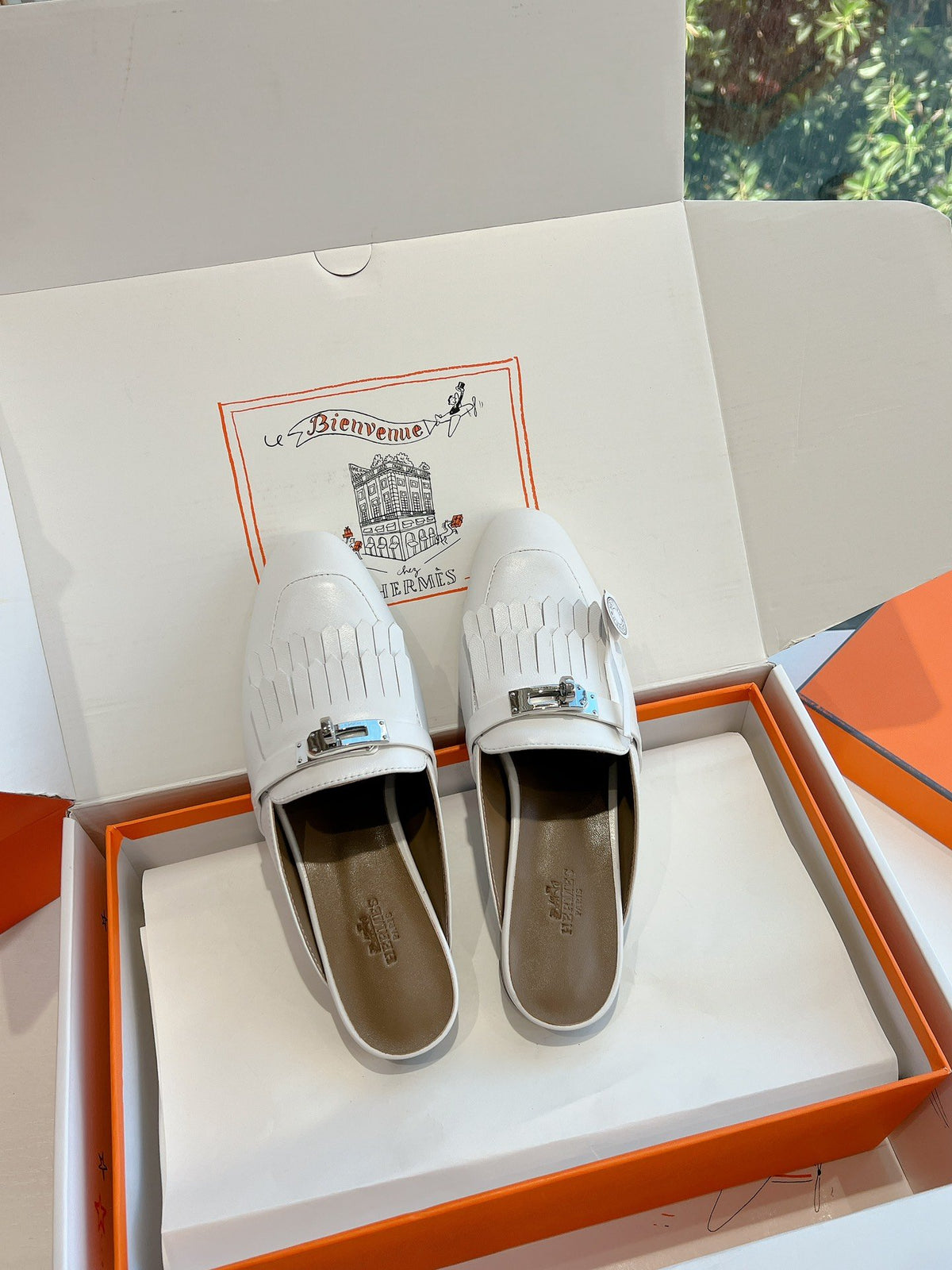 Hermes Women White Leather Fringe Mules