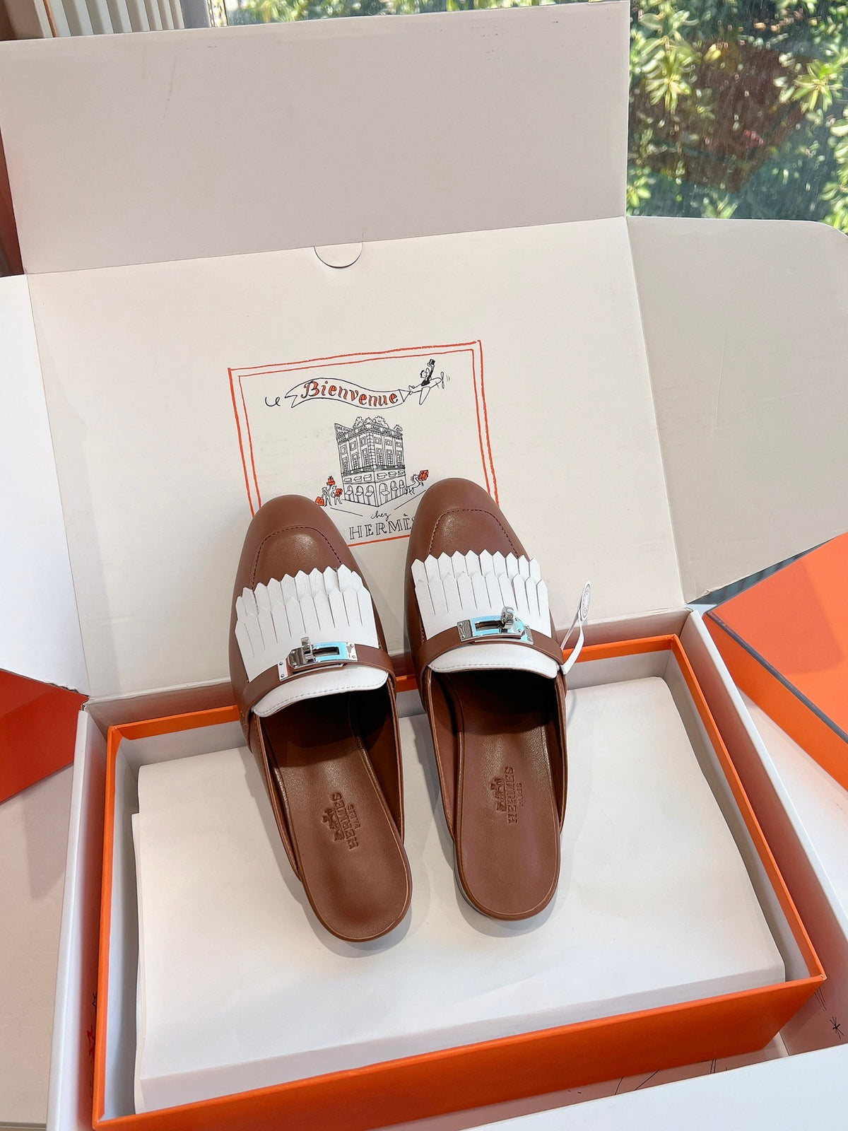 Hermes Women Brown White Leather Fringe Mules