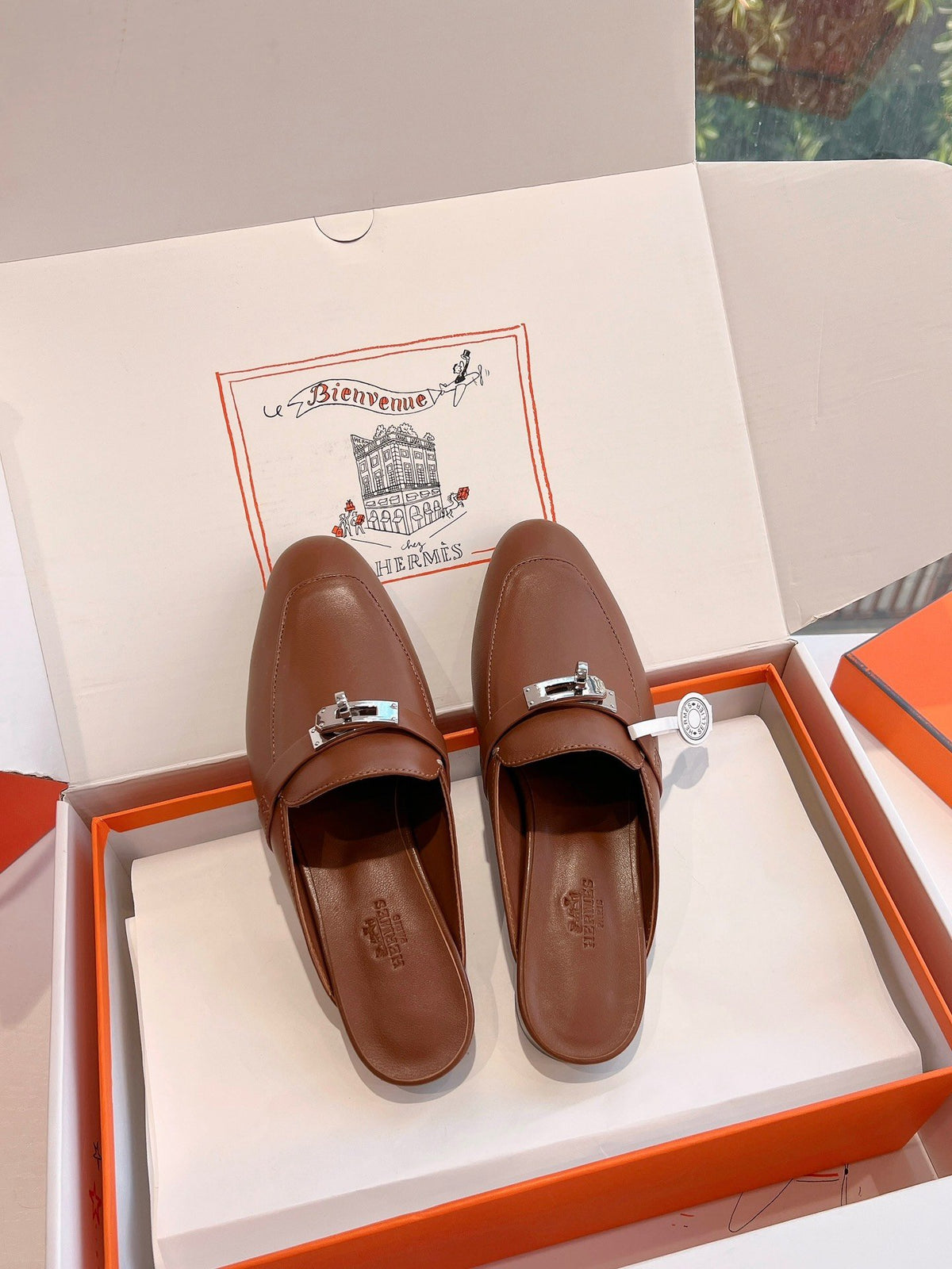 Hermes Women Brown Leather Slip On Mules