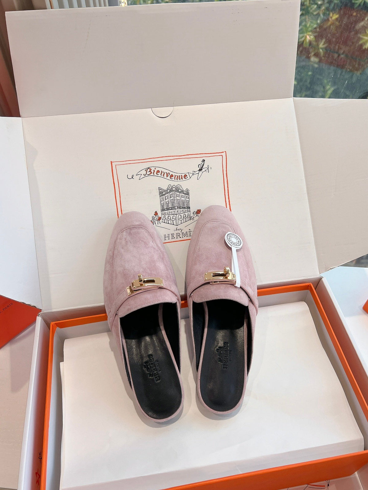 Hermes Women Pink Suede Mules