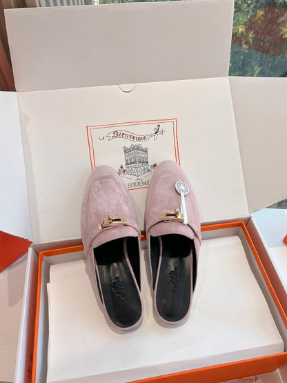 Hermes Women Pink Suede Mules
