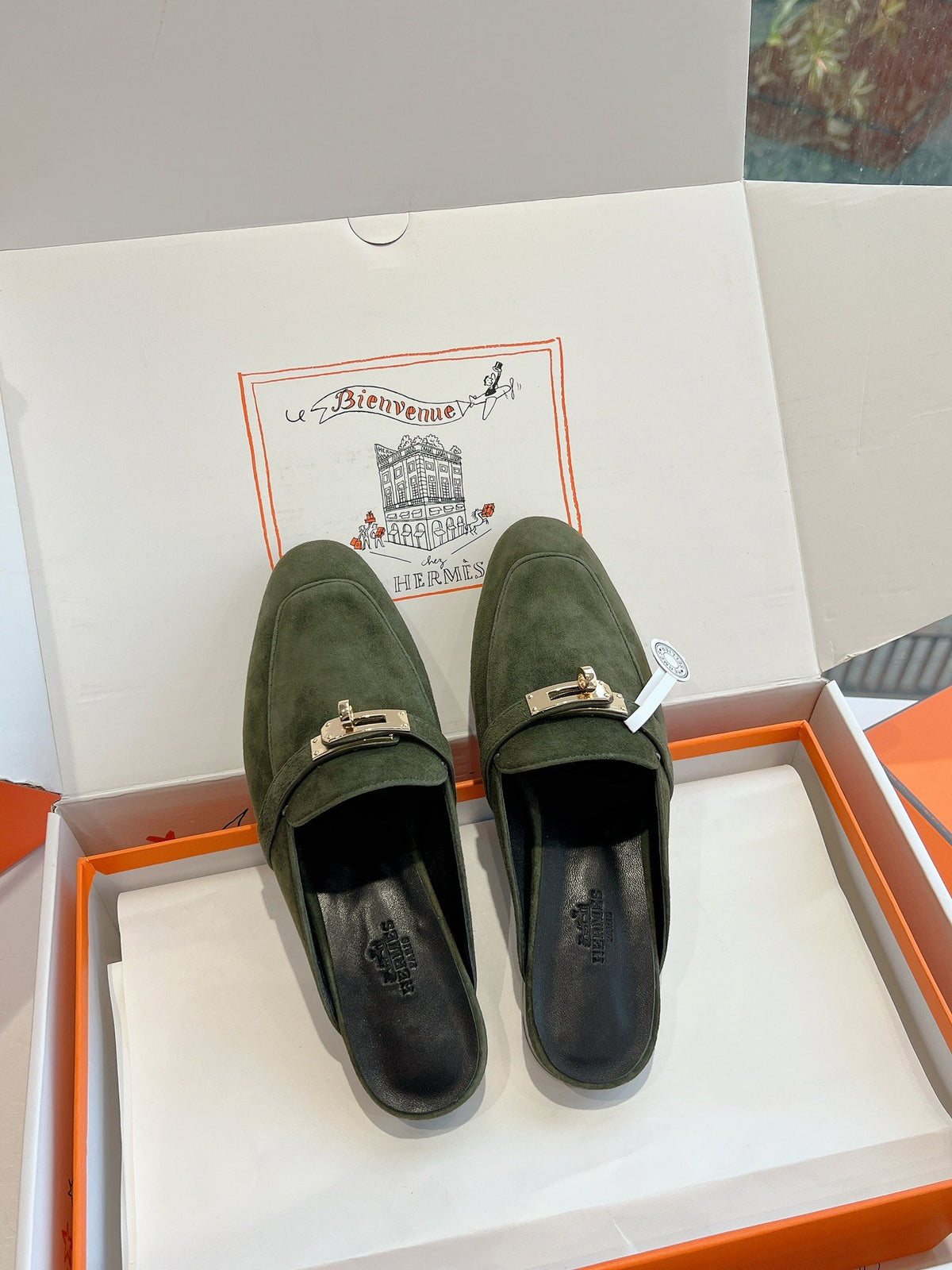 Hermes Women Green Suede Mules