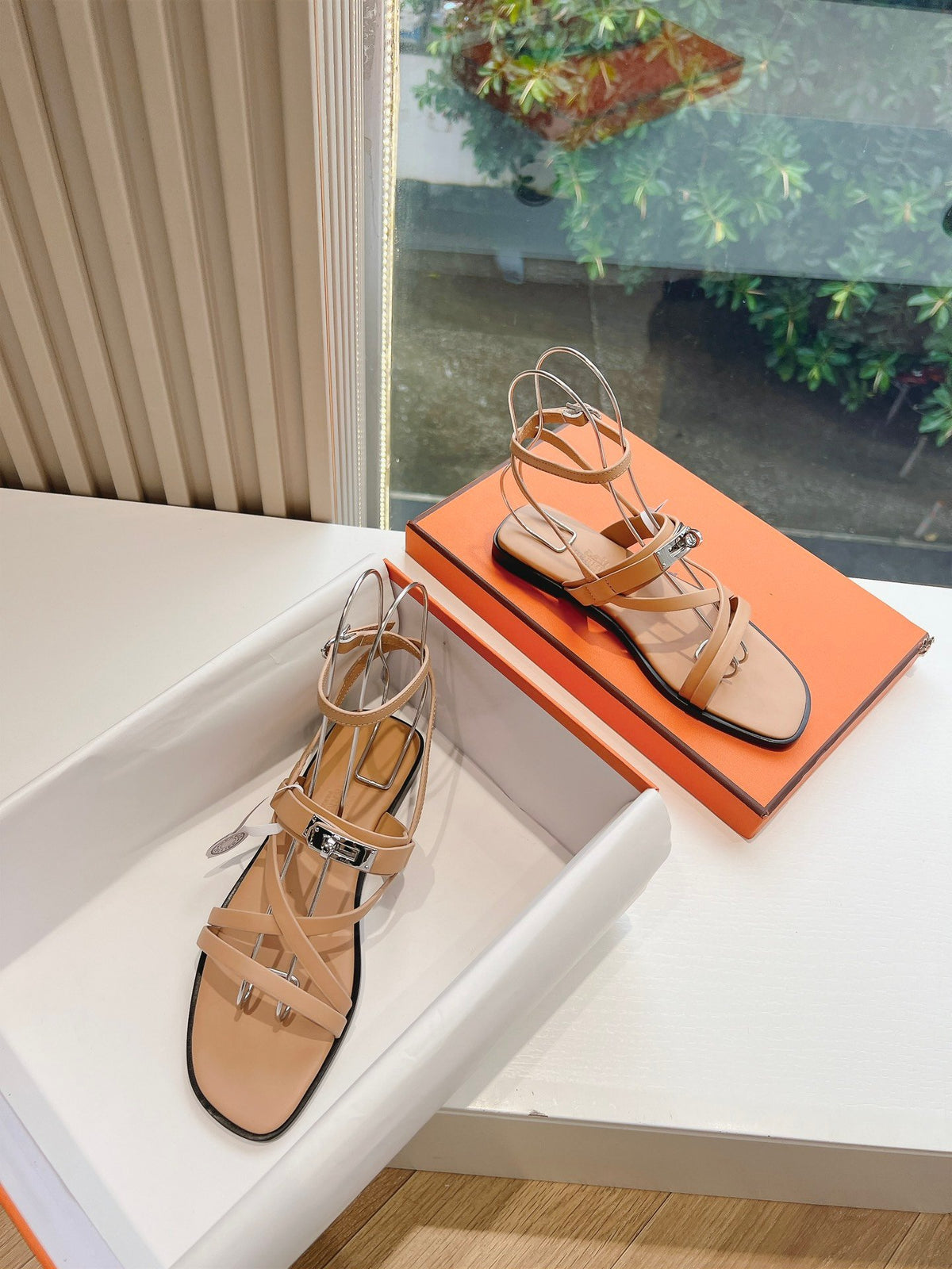 Hermes Women Beige Leather Strappy Sandals