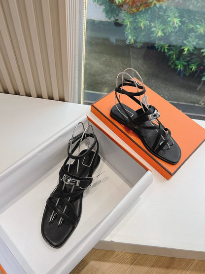Hermes Women Black Leather Strappy Sandals