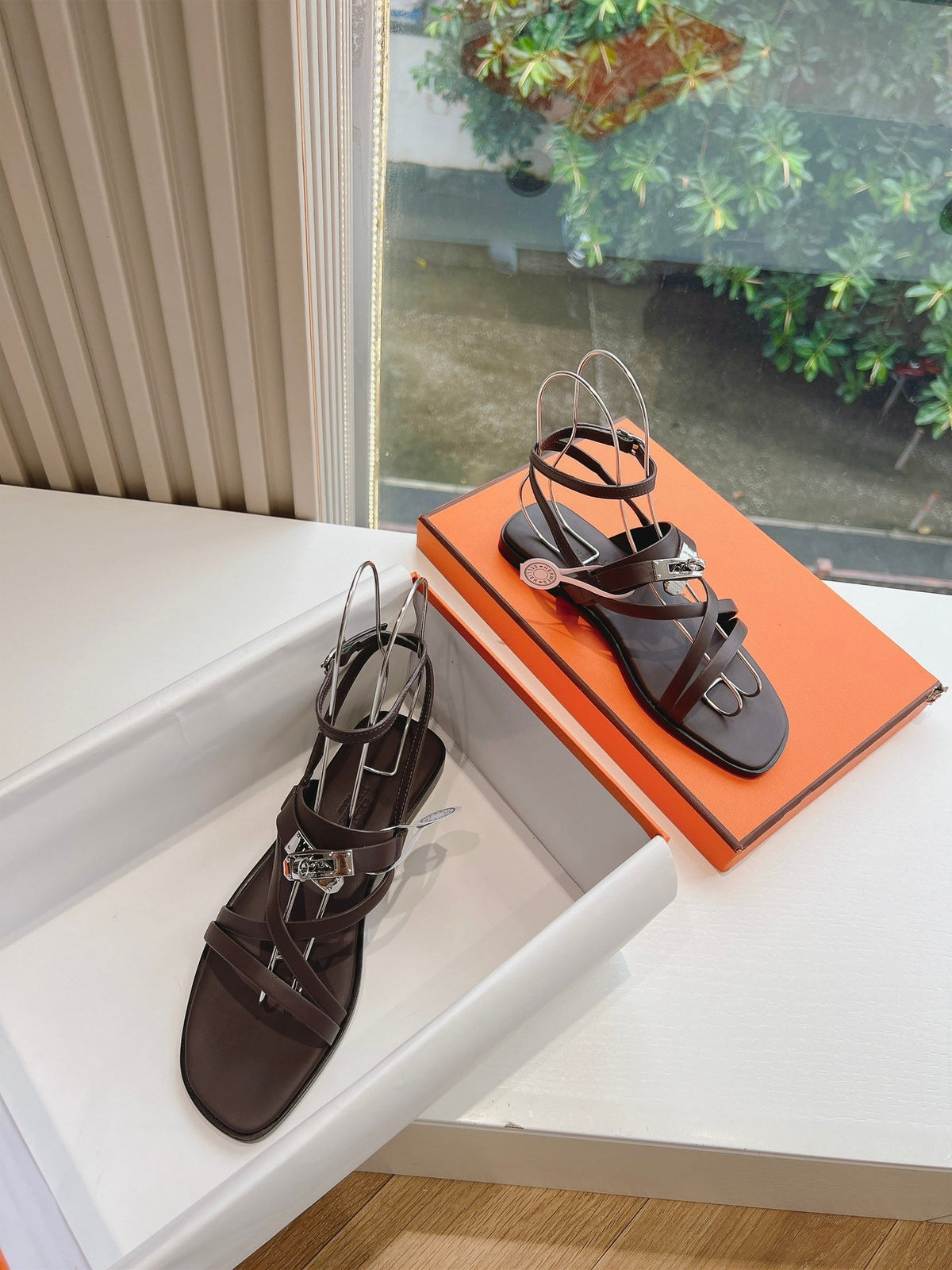 Hermes Women Dark Brown Leather Strappy Sandals
