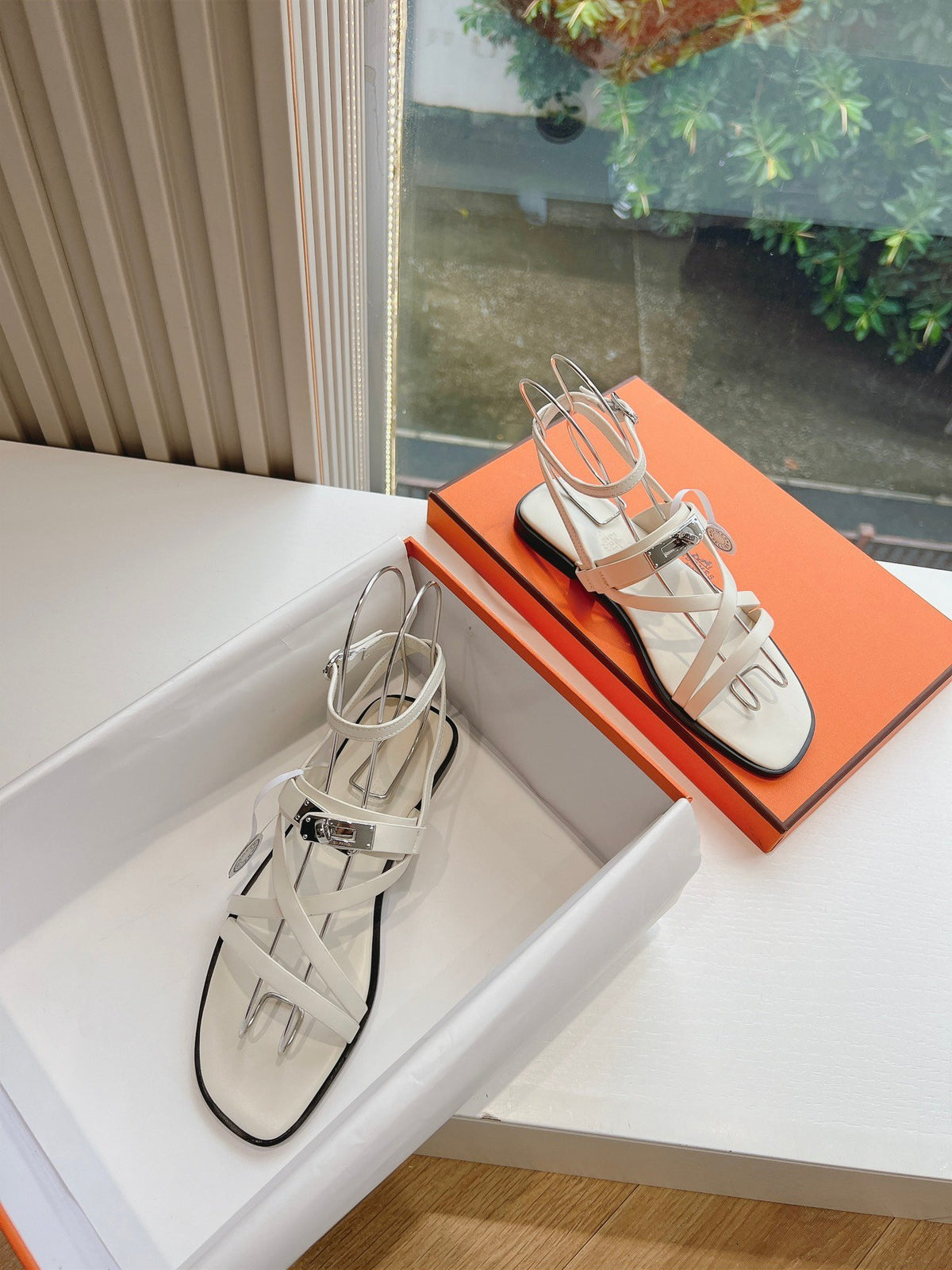Hermes Women White Leather Strappy Sandals