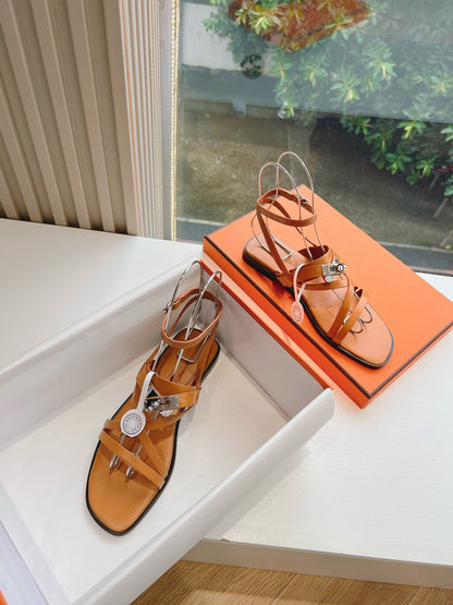 Hermes Women Tan Leather Strappy Sandals