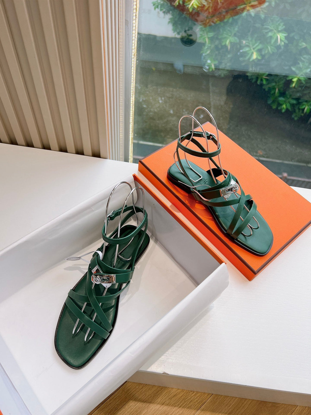 Hermes Women Green Leather Strappy Sandals