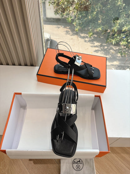 Hermes Women Black Leather Strappy Sandals