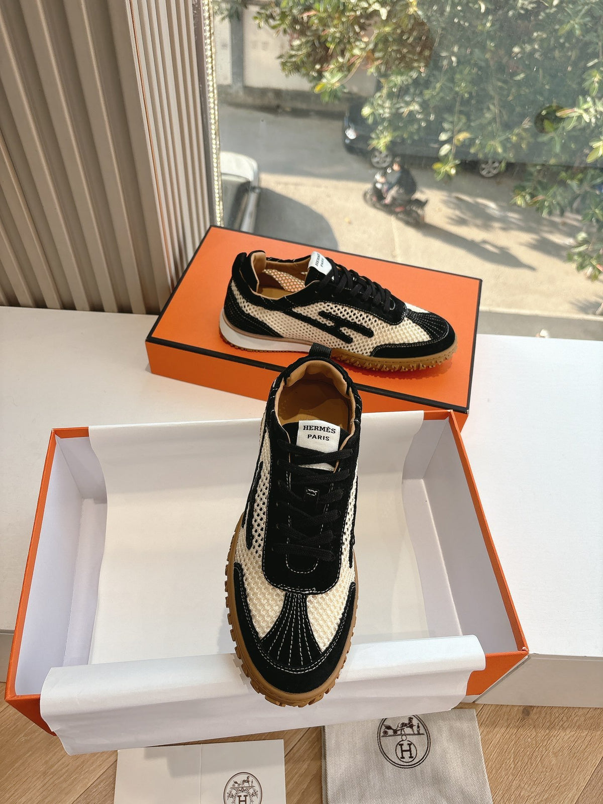 Hermes Women Black And White Mesh Sneakers
