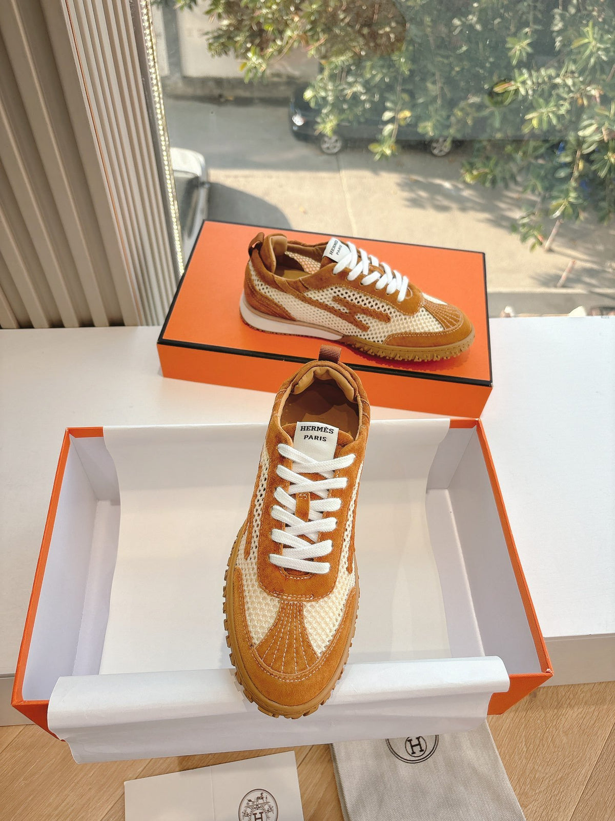 Hermes Women Brown Mesh Suede Sneakers