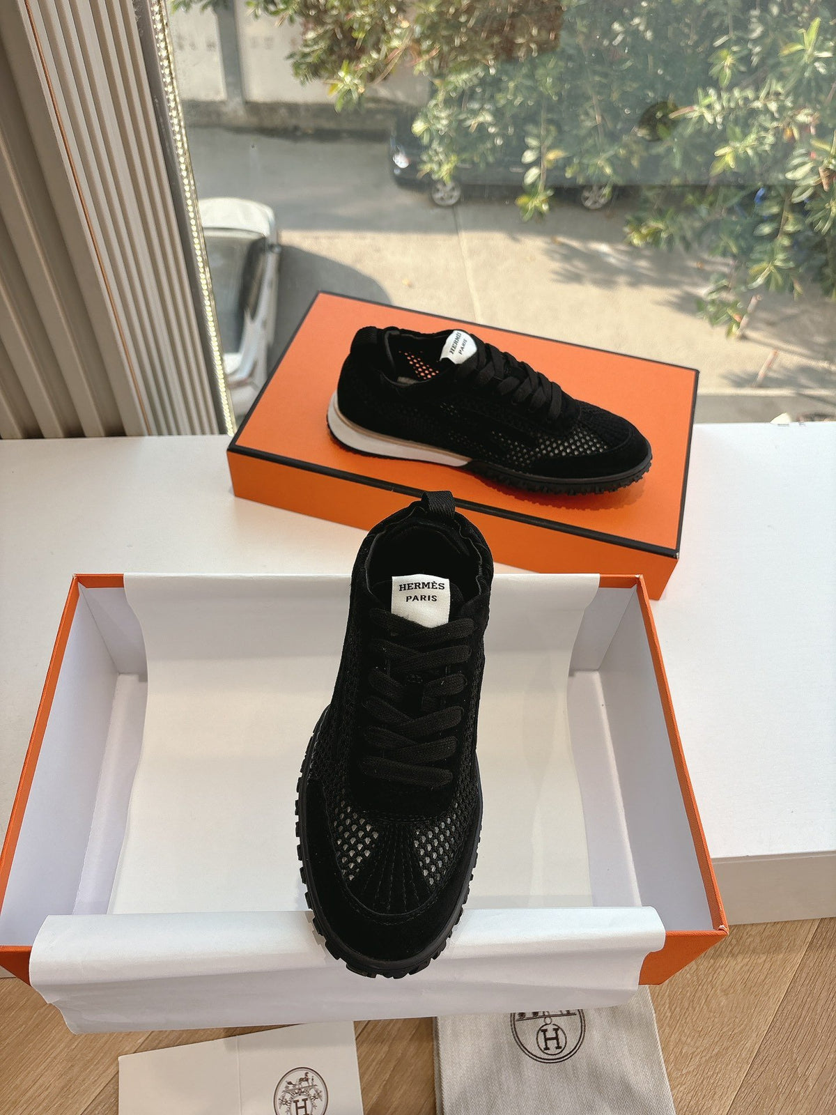Hermes Women Black Suede Mesh Sneakers