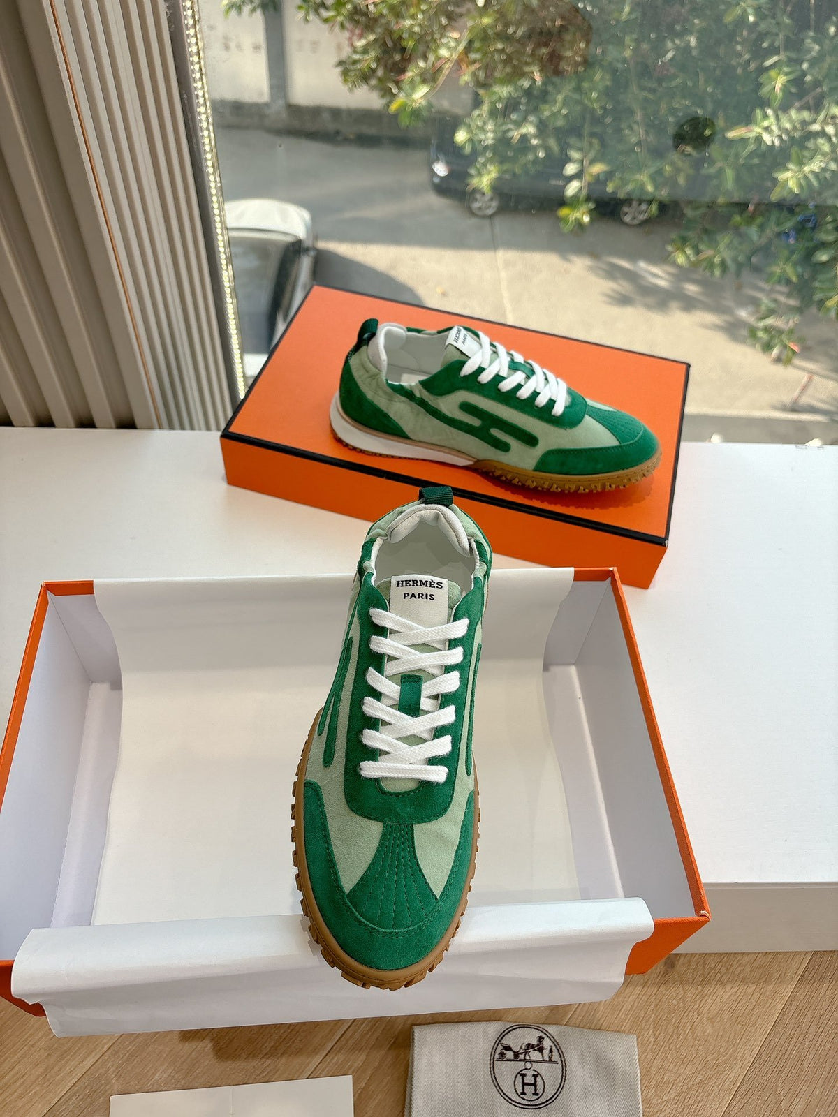 Hermes Women Green Suede Canvas Sneakers