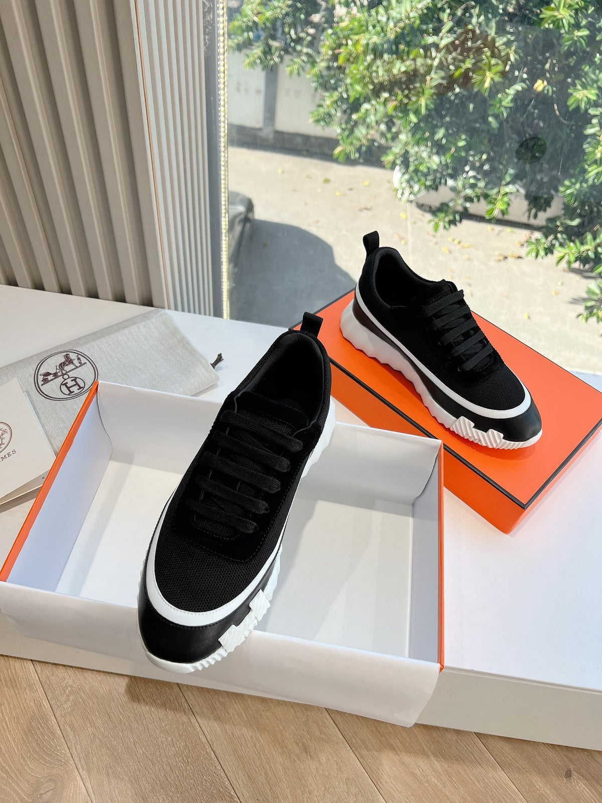 Hermes Women Black Mesh And Leather Sneakers