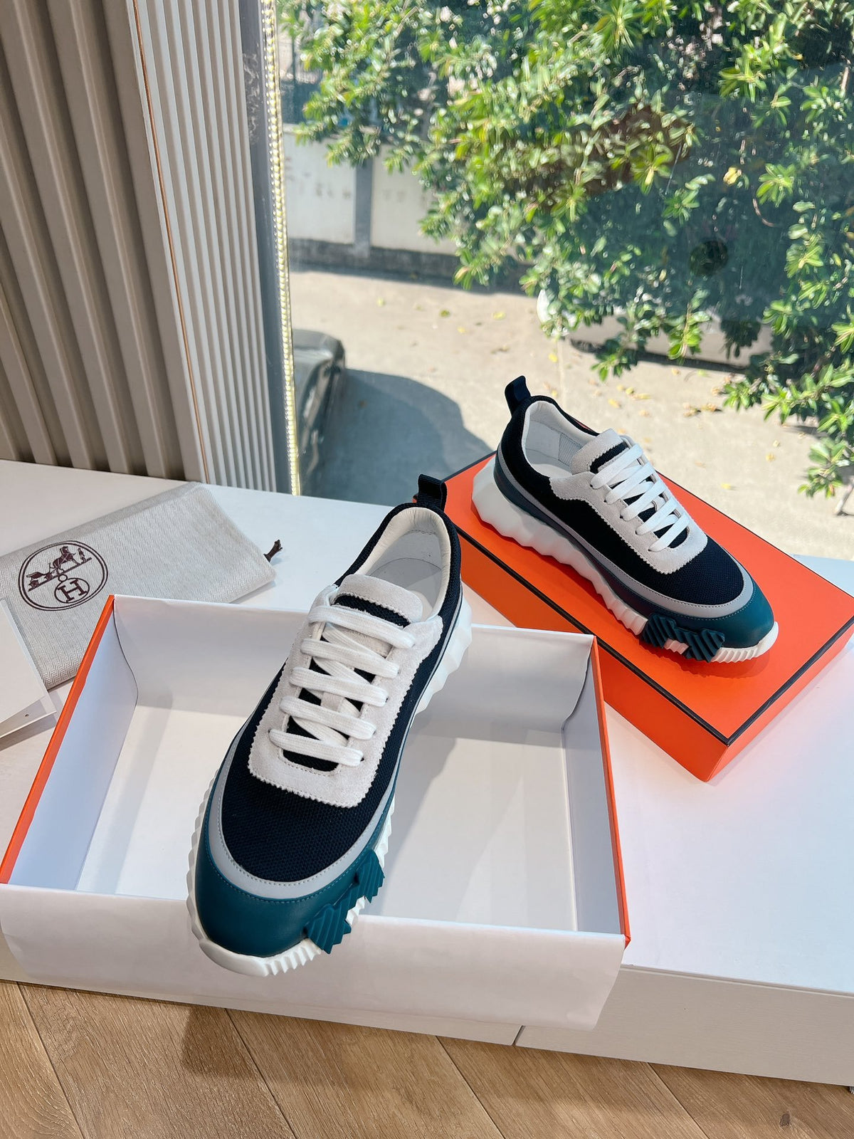 Hermes Women Navy Blue White Mesh Sneakers