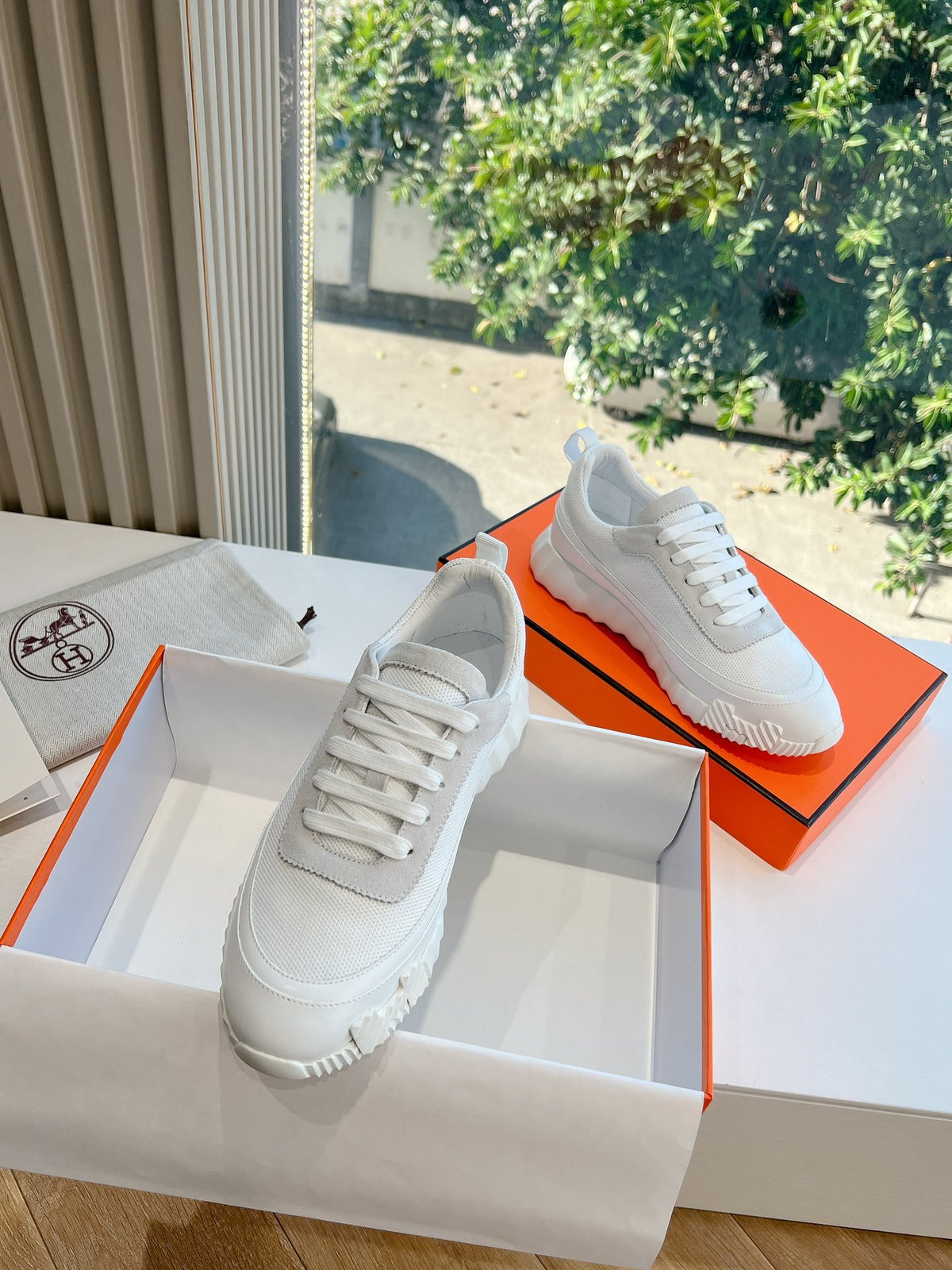 Hermes Women White Mesh And Leather Sneakers
