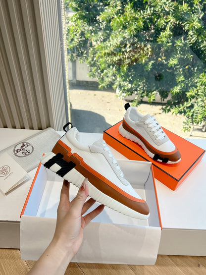 Hermes Women White Brown Leather Mesh Sneakers