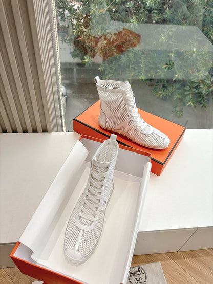 Hermes Women White Mesh Leather Sneakers