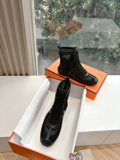Hermes Women Black Mesh And Leather Boots