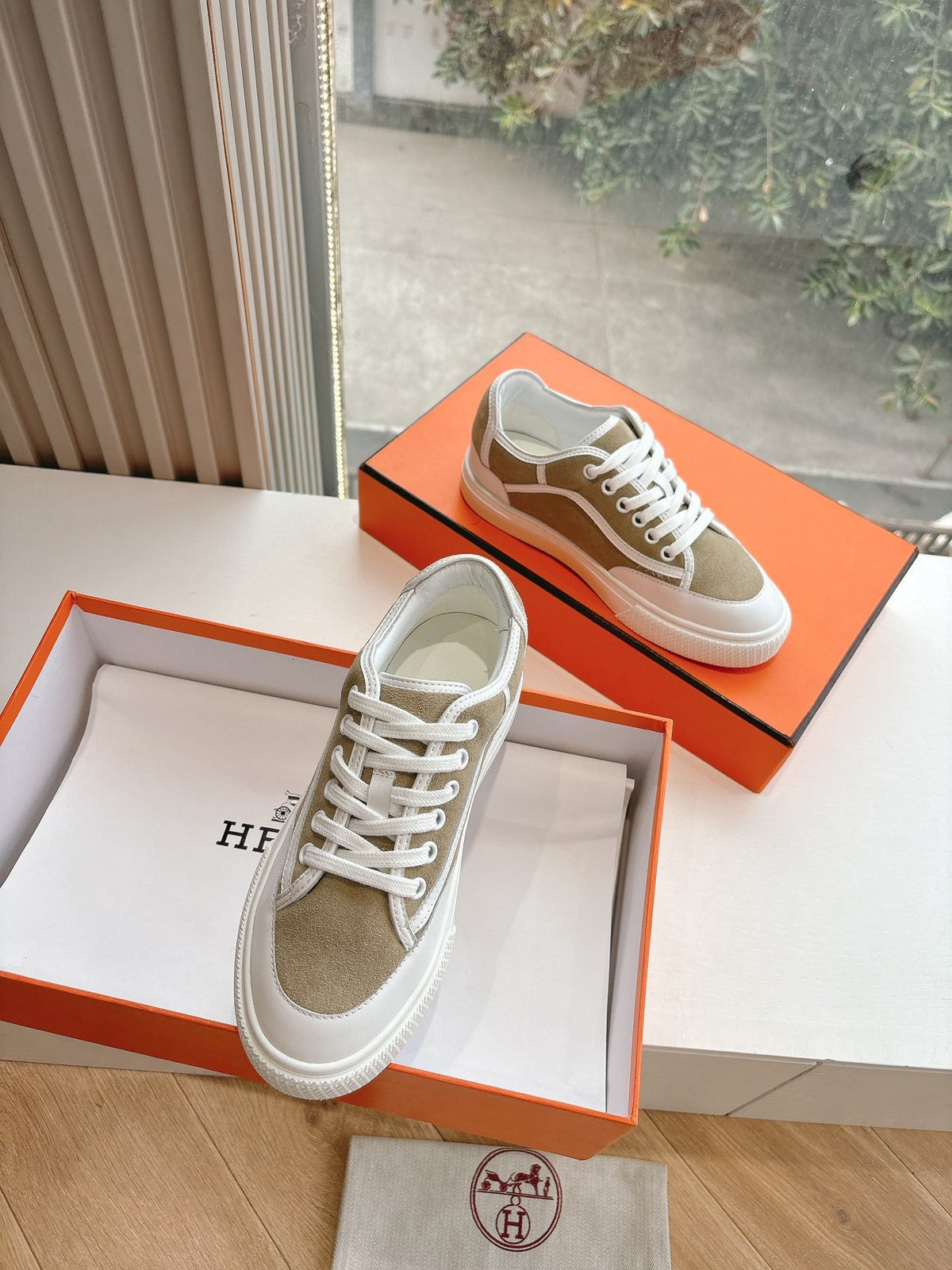 Hermes Women Beige Suede White Leather Sneakers