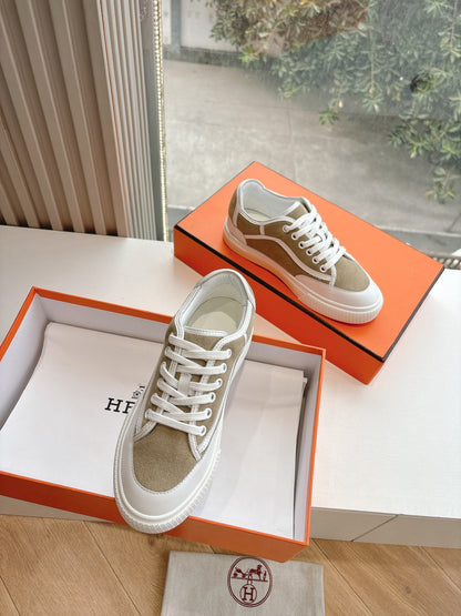 Hermes Women Beige Suede White Leather Sneakers