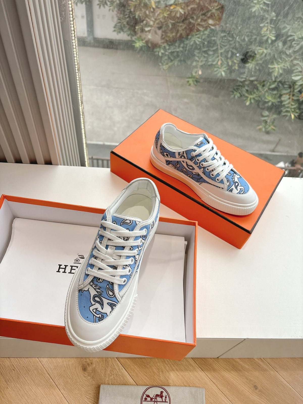 Hermes Women Light Blue Canvas And White Sneakers