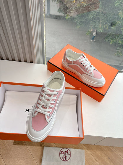 Hermes Women Pink Canvas And White Leather Sneakers