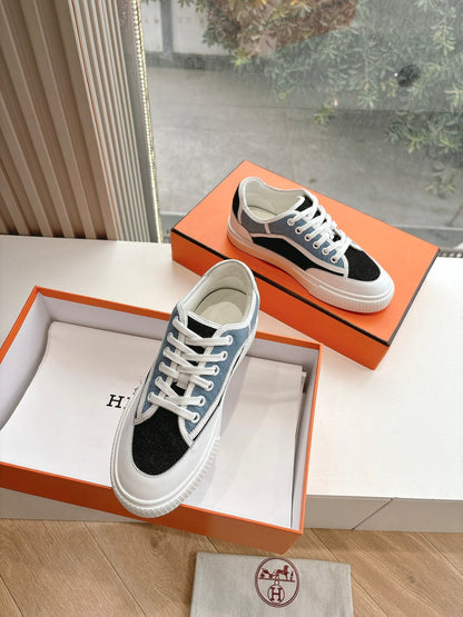 Hermes Women Black Blue Canvas And Leather Sneakers