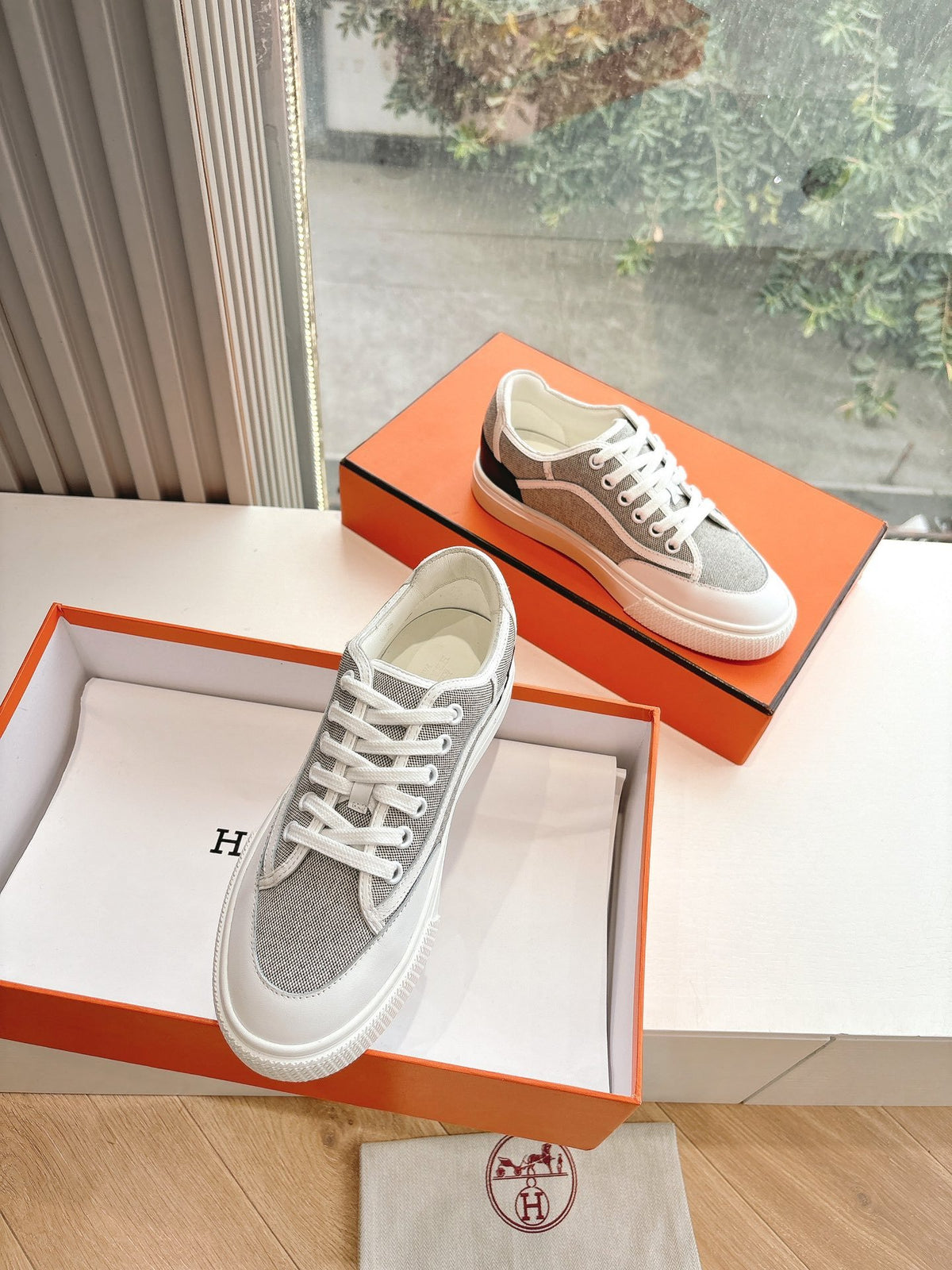Hermes Women White Gray Mesh Canvas Sneakers