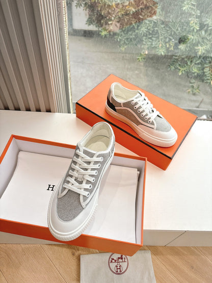 Hermes Women White Gray Mesh Canvas Sneakers