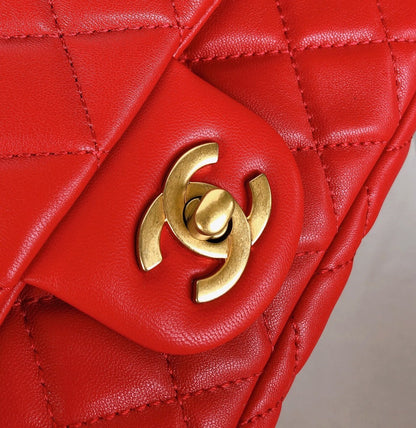 MINI RECTANGLE CLASSIC FLAP BAG 20CM RED LAMBSKIN GOLD HARDWARE