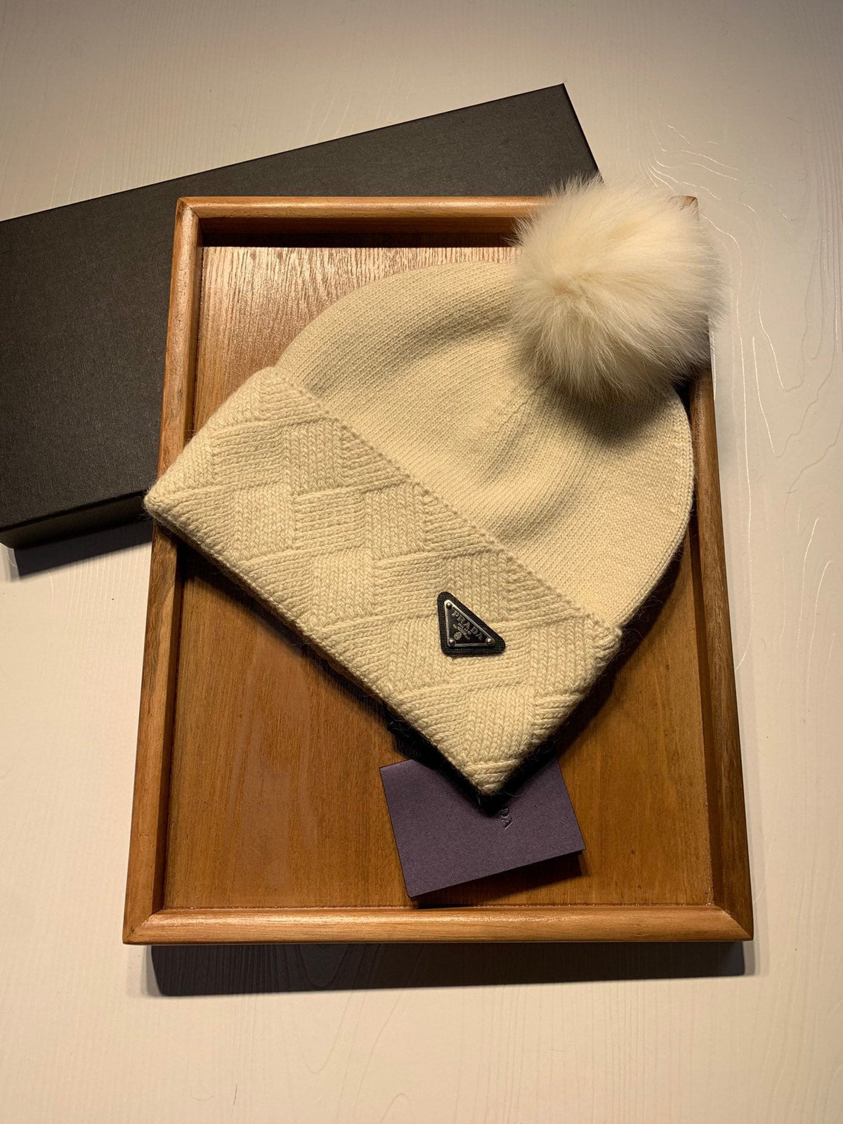 BEANIE HAT IN BISQUE BEIGE WOOL AND RABBIT FUR 361433