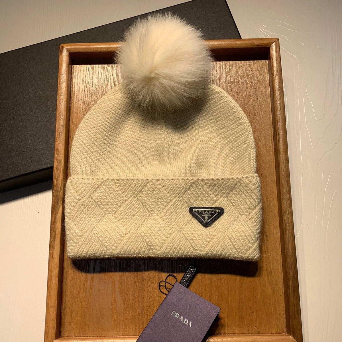 BEANIE HAT IN BISQUE BEIGE WOOL AND RABBIT FUR 361433